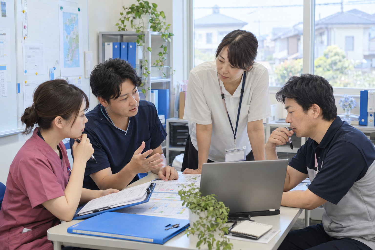 日本の訪問看護ステーションで看護・介護・管理スタッフが運営について話し合う様子