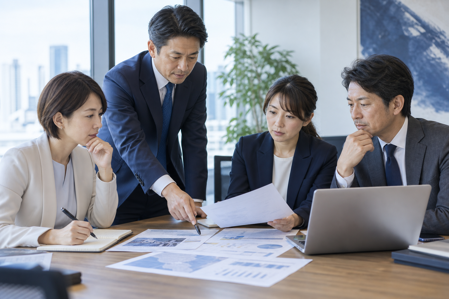 日本の経営者と複数の専門スタッフが事業計画資料を囲んで話し合う様子